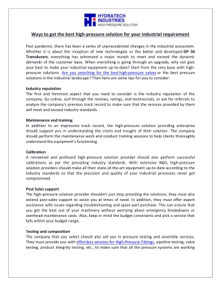 Get the Best High-Pressure Solution for Your Industrial Requirement