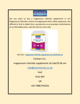 Magnesium Chloride Supplement Uk  Premiervits.co.uk 