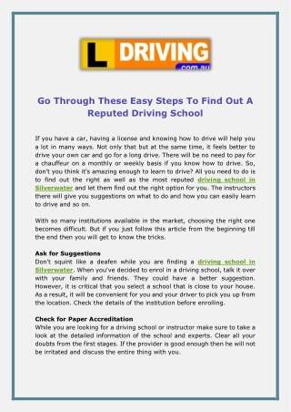 Go Through These Easy Steps To Find Out A Reputed Driving School