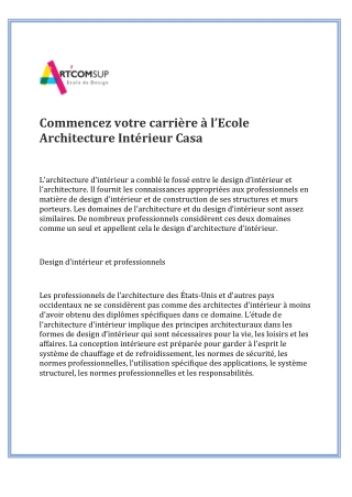 Commencez votre carrière à l’Ecole Architecture Intérieur Casa