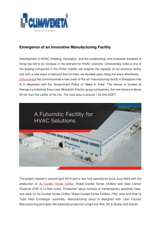 Emergence of an Innovative Manufacturing Facility