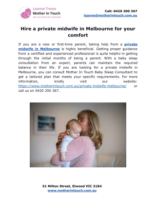 Hire a private midwife in Melbourne for your comfort