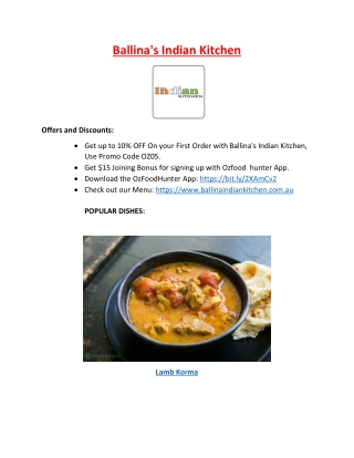 10% off - Ballina's Indian Kitchen Restaurant Menu, NSW