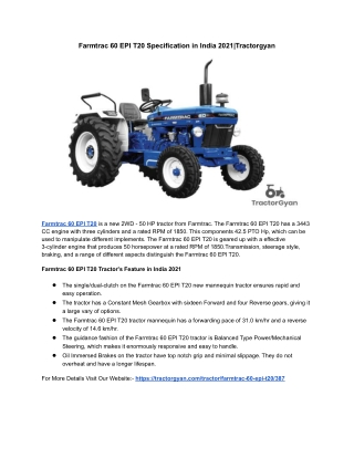 Farmtrac 60 EPI T20 Specification in India 2021|Tractorgyan