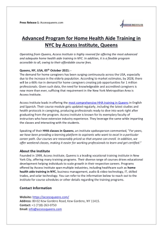 Advanced Program for Home Health Aide Training in NYC