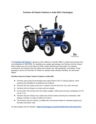 Farmtrac 45 Classic Features in India 2021| Tractorgyan