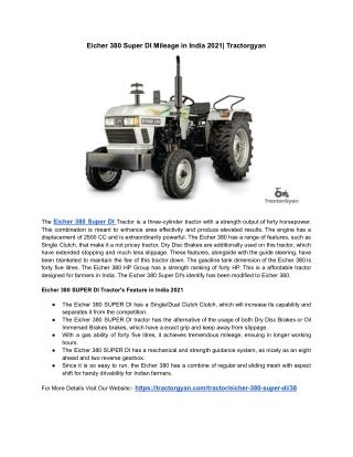Eicher 380 Super DI Mileage in India 2021| Tractorgyan