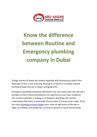 Know the difference between Routine and Emergency plumbing company in Dubai   Abu Hasan Technical Works LLC.