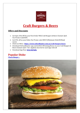 25% Off - Craft Burgers & Beers Restaurant Clontarf menu, QLD