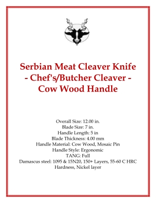 Serbian Meat Cleaver Knife - Chef'sButcher Cleaver - Cow Wood Handle