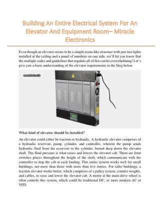 Building An Entire Electrical System For An Elevator And Equipment Room– Miracle Electronics