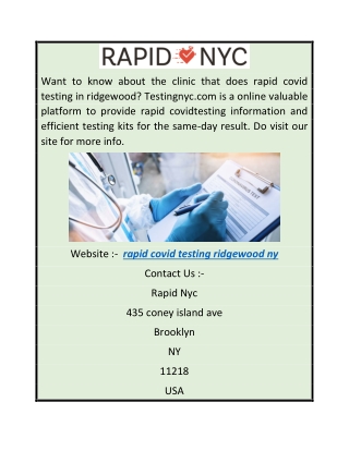 Rapid Covid Testing Ridgewood Ny  Testingnyc.com