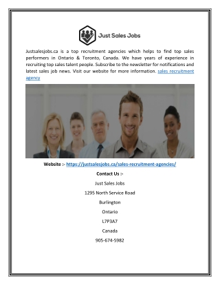 Sales Recruitment Agency  Justsalesjobs.ca