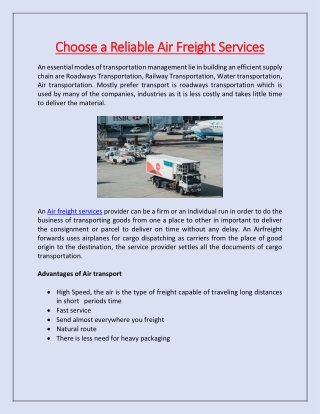 Choose a Reliable Air Freight Services