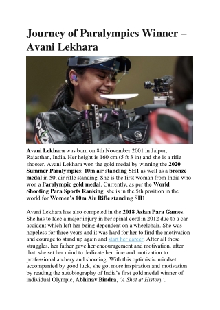 Journey of Paralympics Winner – Avani Lekhara