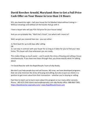 David Reecher Arnold Maryland - How to Sell Your House in Less than 24 Hours