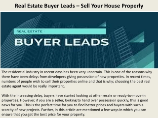 Real Estate Buyer Leads – Sell Your House Properly