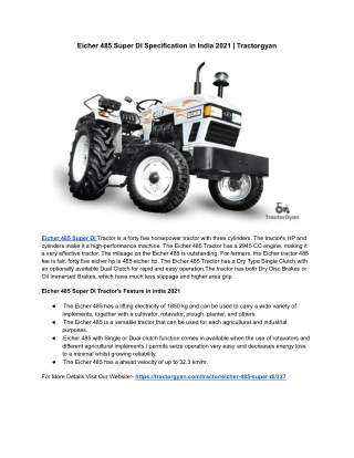 Eicher 485 Super DI Specification in India 2021 | Tractorgyan