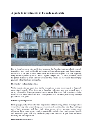 A guide to investments in Canada real estate