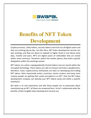 Benefits of NFT Token Development | Awapal Solutions
