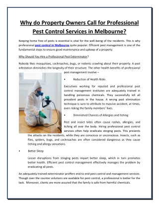 Why do Property Owners Call for Professional Pest Control Services in Melbourne