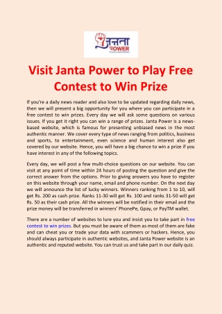 Visit Janta Power to Play Free Contest to Win Prize