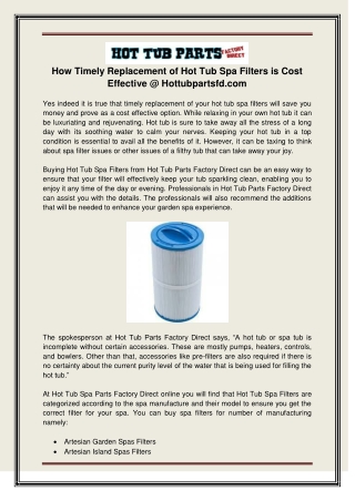 How Timely Replacement of Hot Tub Spa Filters is Cost Effective @ Hottubpartsfd.com