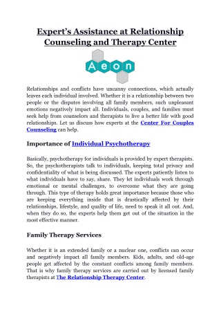 Expert’s Assistance at Relationship Counseling and Therapy Center