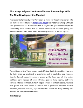 Birla Vanya Kalyan - Live Around Serene Surroundings With The New Development In Mumbai