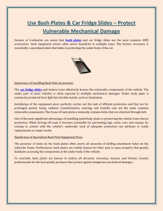 Use Bash Plates & Car Fridge Slides – Protect Vulnerable Mechanical Damage