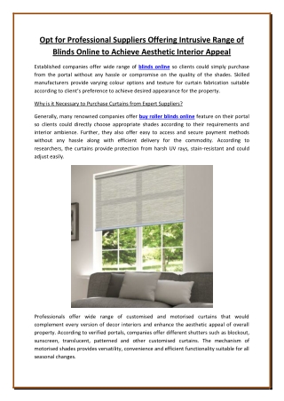 Opt for Professional Suppliers Offering Intrusive Range of Blinds Online to Achieve Aesthetic Interior Appeal