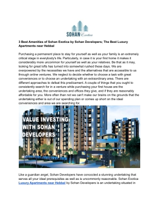 3 Best Amenities of Sohan Exotica by Sohan Developers; The Best Luxury Apartments near Hebbal