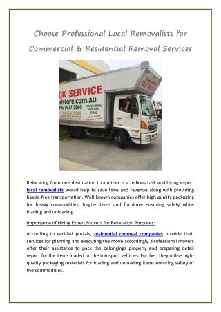 Choose Professional Local Removalists for Commercial & Residential Removal Services