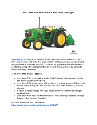 John Deere 5105 Tractor Price in India 2021 | Tractorgyan