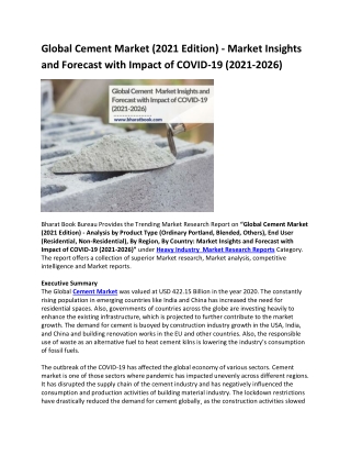 Global Cement Market (2021 Edition) - Market Insights and Forecast with Impact of COVID-19 (2021-2026)