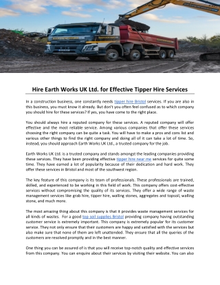 Hire Earth Works UK Ltd- for Effective Tipper Hire Services