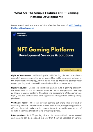 What Are The Unique Features of NFT Gaming Platform Development