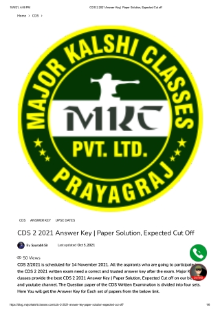 CDS 2 Answer Key 2021 by Major Kalshi Classes | Expected Cut–off