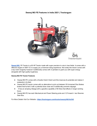 Swaraj 963 FE Features in India 2021 | Tractorgyan