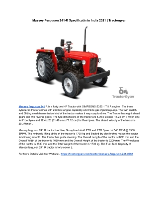Massey Ferguson 241-R Specificatin in India 2021 | Tractorgyan