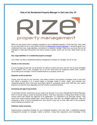 Role of the Residential Property Manager in Salt Lake City, UT
