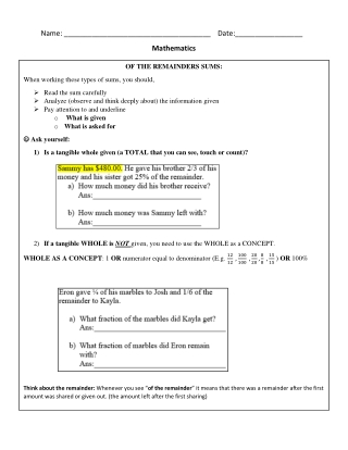 Fractions OF THE REMAINDER HANDOUT FOR STUDNETS 260918