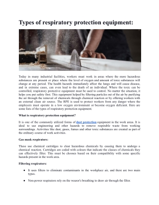 Types of respiratory protection equipment