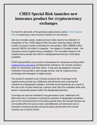 CHES Special Risk launches new insurance product cryptocurrency Insurance
