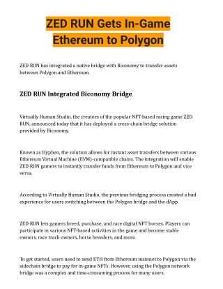 ZED RUN Gets In-Game Ethereum to Polygon