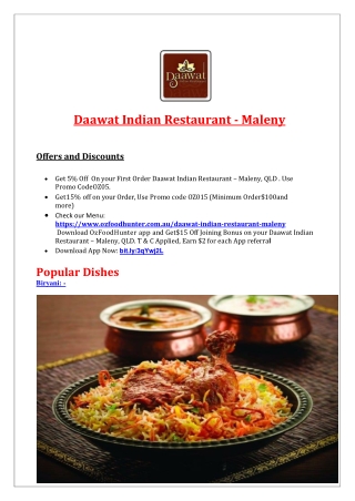 15% Off - Daawat Indian Restaurant Menu - Maleny takeaway, QLD