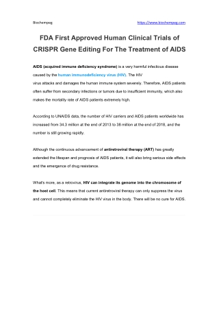 FDA First Approved Human Clinical Trials of CRISPR Gene Editing For The Treatment of AIDS