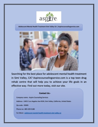 Adolescent Mental Health Treatment Simi Valley CA | Aspirecounselingservice.com