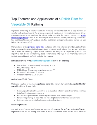 Top Features and Applications of a Polish Filter for Vegetable Oil Refining