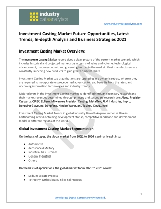 Investment Casting Market Statistical Analysis, Key Segments,  Opportunity 2021